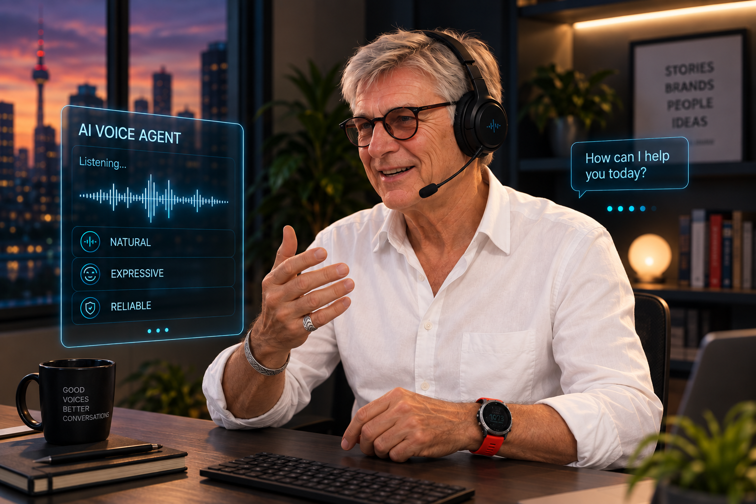 Bernard Schaer mit Headset als AI-Voice-Agent im Studio